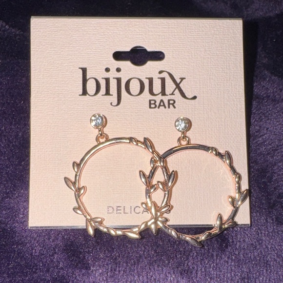Bisjoux Jewelry - Bisjoux Rose Gold Leaf Hoop Earrings with Clear Crystal Studs